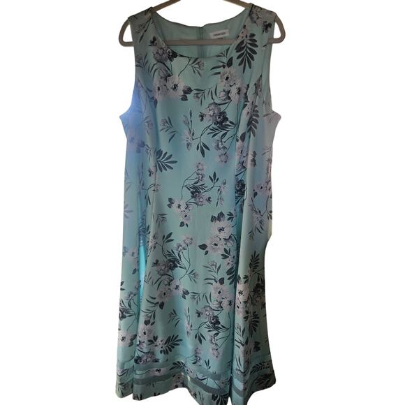 Calvin Klein Floral Aqua Blue Dress Sz 18 Fit Flare Fully lined Princess Seams - Picture 6 of 12